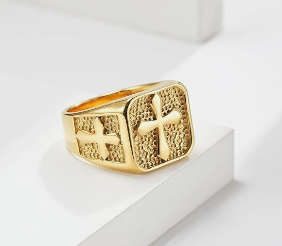 Cross Signet Band Ring for Men Women Christian Cross Religious Gold Plated Stainless Steel Ring  Jewelry Size 7-13 SSR948