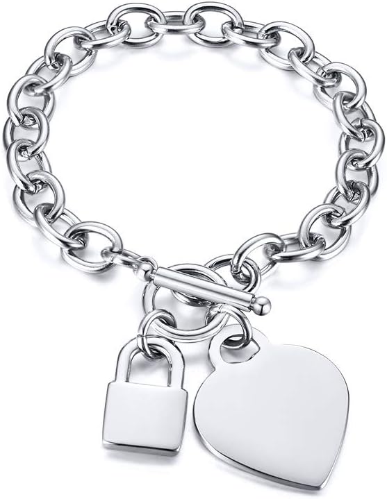 Heart Toggle Bracelet , Personalized Initial Name Stainless Steel Trendy Cable Chain Bracelet Set with Padlock Heart Charm and Toggle Clasp Closure 7.5 Inches