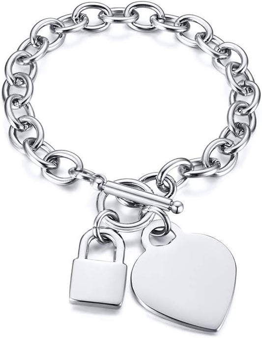 Heart Toggle Bracelet , Personalized Initial Name Stainless Steel Trendy Cable Chain Bracelet Set with Padlock Heart Charm and Toggle Clasp Closure 7.5 Inches