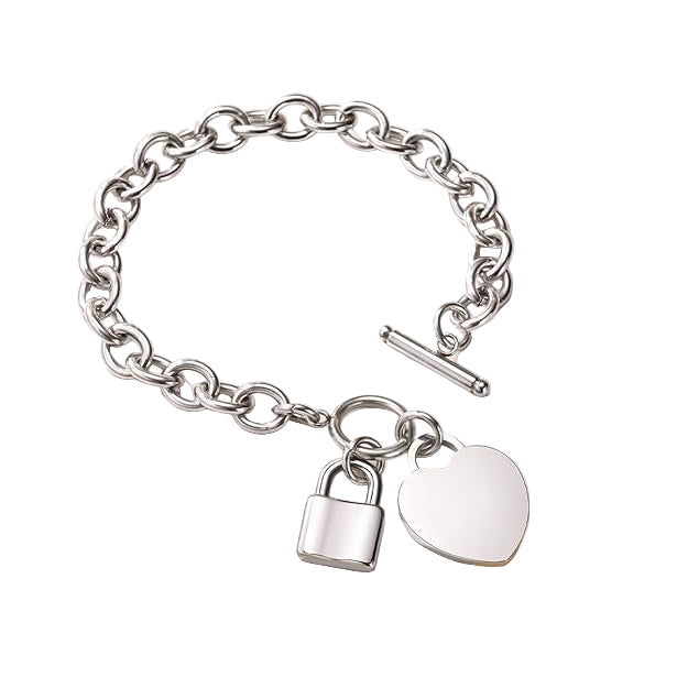Heart Toggle Bracelet , Personalized Initial Name Stainless Steel Trendy Cable Chain Bracelet Set with Padlock Heart Charm and Toggle Clasp Closure 7.5 Inches