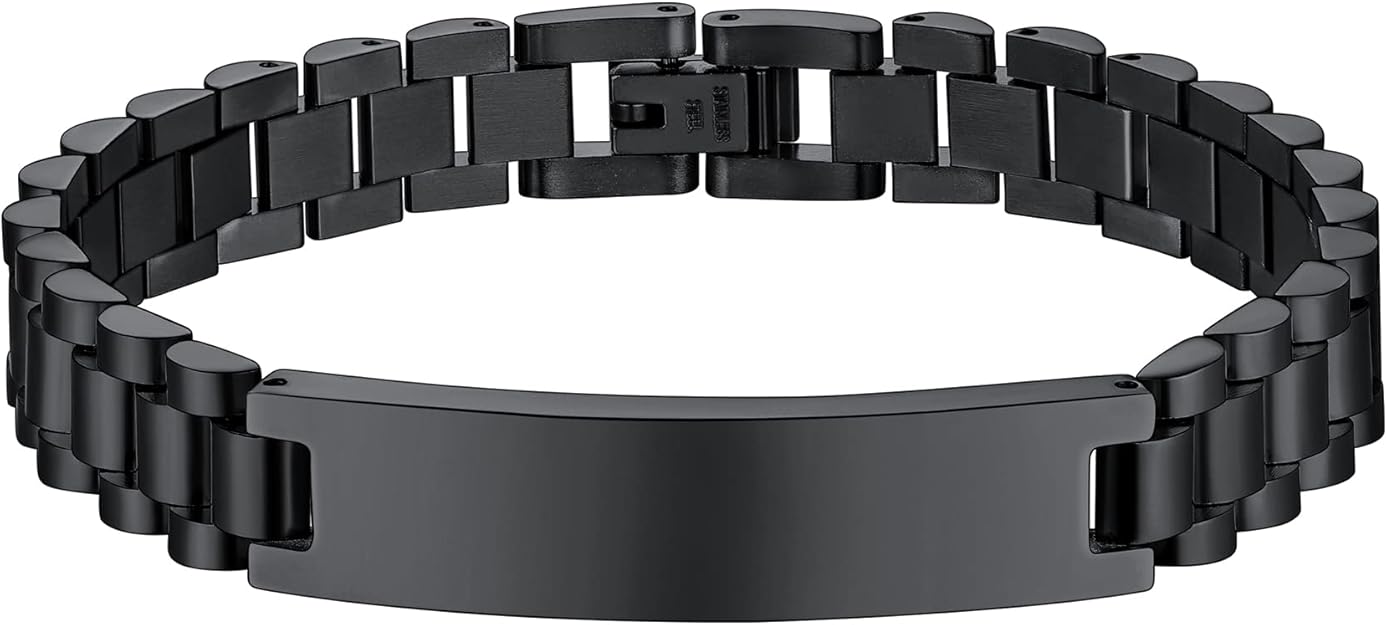 Personalized Bracelet for Men 10mm Black Stainless Steel ID Bracelet Custom Gift for For Men and Women 8.25 Inches SSB207-B