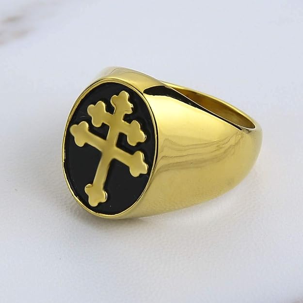 Lorraine Cross Signet Ring Stainless Steel Gold Signet Cross Rings Gift for Men Women SSR959-G