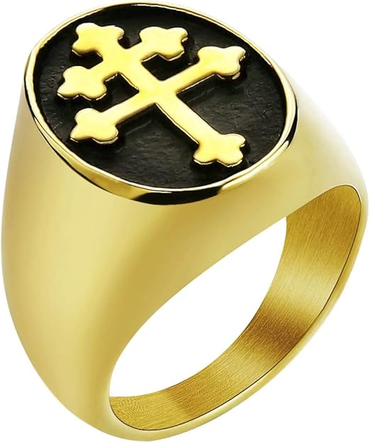 Lorraine Cross Signet Ring Stainless Steel Gold Signet Cross Rings Gift for Men Women SSR959-G