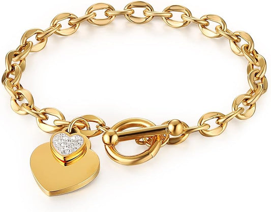 Heart Toggle Bracelet, Personalized Double Heart Charm Bracelet Gold IP Plated Stainless Steel Bracelet with Toggle Clasp Closure 7.3 Inches
