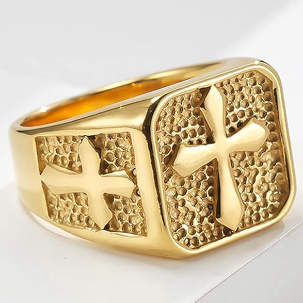 Cross Signet Band Ring for Men Women Christian Cross Religious Gold Plated Stainless Steel Ring  Jewelry Size 7-13 SSR948