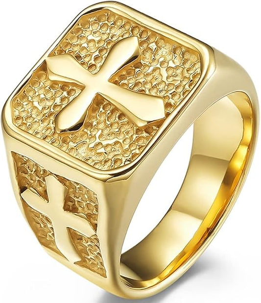 Cross Signet Band Ring for Men Women Christian Cross Religious Gold Plated Stainless Steel Ring  Jewelry Size 7-13 SSR948