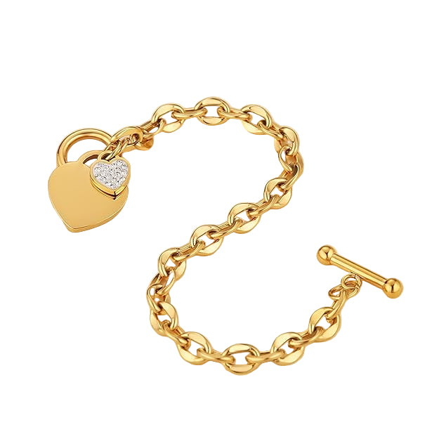 Heart Toggle Bracelet, Personalized Double Heart Charm Bracelet Gold IP Plated Stainless Steel Bracelet with Toggle Clasp Closure 7.3 Inches