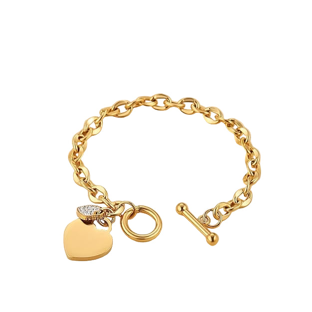 Heart Toggle Bracelet, Personalized Double Heart Charm Bracelet Gold IP Plated Stainless Steel Bracelet with Toggle Clasp Closure 7.3 Inches