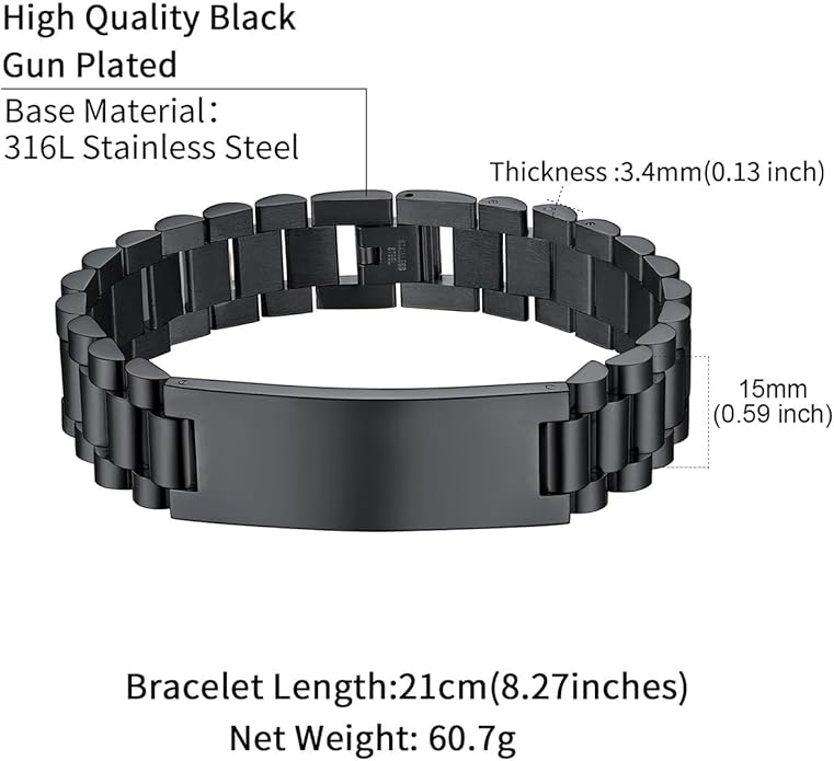 Personalized Bracelet for Men 15mm Black Stainless Steel ID Bracelet Custom Gift for For Men and Women SSB223-B