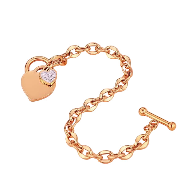 Heart Toggle Bracelet, Personalized Double Heart Charm Bracelet Rose Gold IP Plated Stainless Steel Bracelet with Toggle Clasp Closure 7.3 Inches