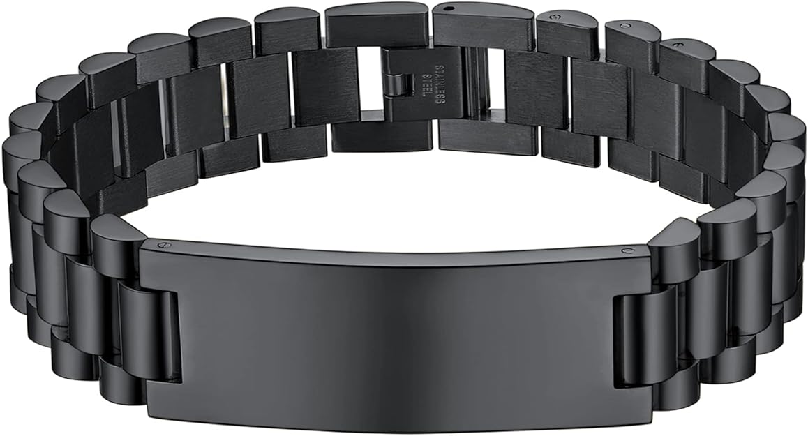 Personalized Bracelet for Men 15mm Black Stainless Steel ID Bracelet Custom Gift for For Men and Women SSB223-B