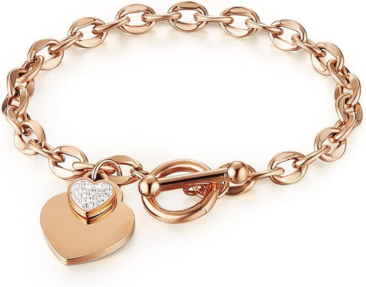 Heart Toggle Bracelet, Personalized Double Heart Charm Bracelet Rose Gold IP Plated Stainless Steel Bracelet with Toggle Clasp Closure 7.3 Inches