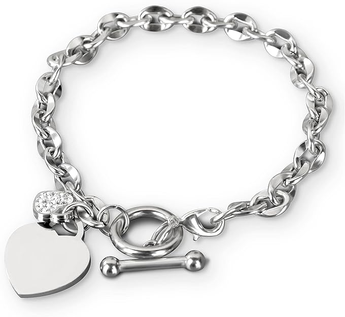 Heart Toggle Bracelet , Personalized Double Heart Charm Stainless Steel Trendy Cable Chain Bracelet and Toggle Clasp Closure 7.3 Inches