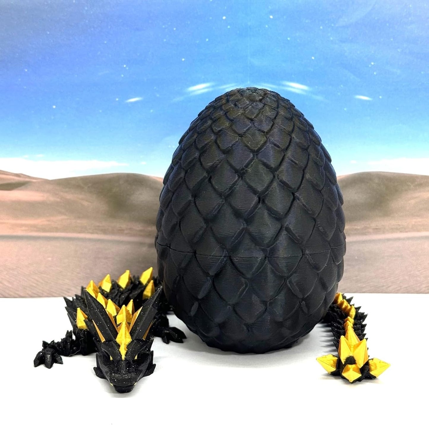 3D Printed Dragon with Egg, Articulated Black and Gold Crystal Dragon, Fidget ADHD Dragon Toy - D06565