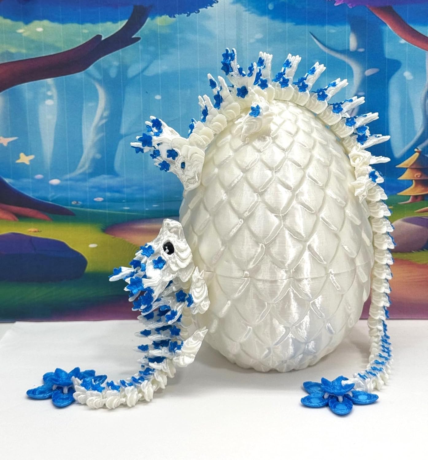 2pcs 3D Printed Dragons with Egg, Articulated Mother and Child Cherry Blossom Dragons, Fidget ADHD Toy, White and Blue Dragons - MCD17WB-04WB