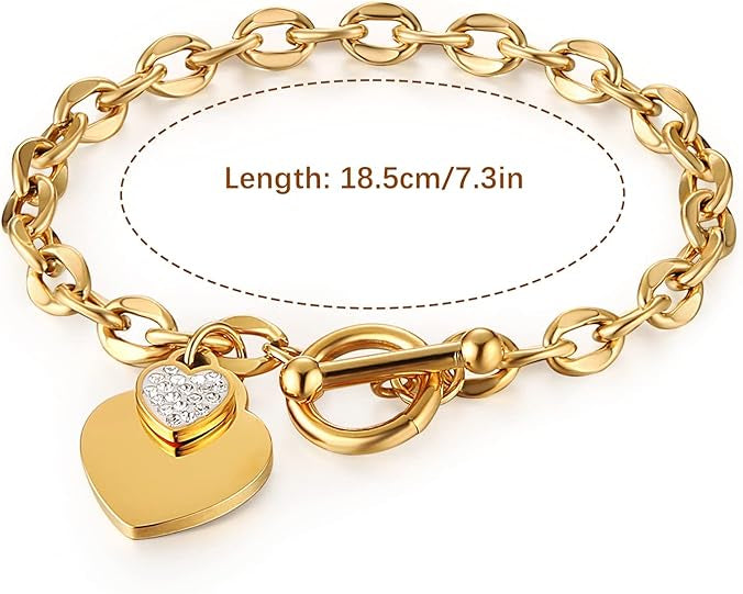Heart Toggle Bracelet, Personalized Double Heart Charm Bracelet Gold IP Plated Stainless Steel Bracelet with Toggle Clasp Closure 7.3 Inches