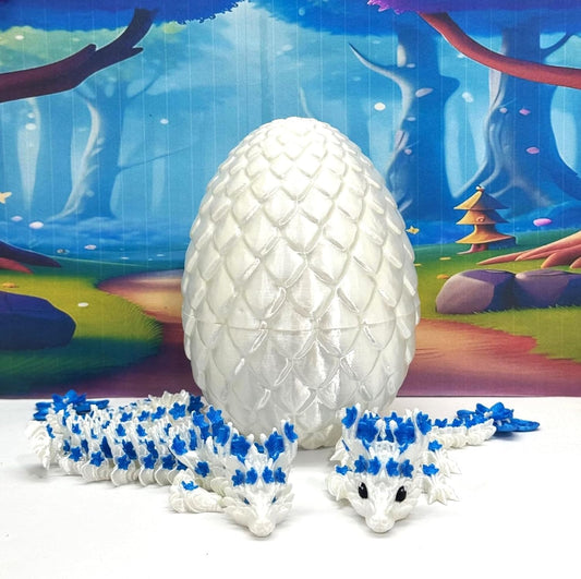2pcs 3D Printed Dragons with Egg, Articulated Mother and Child Cherry Blossom Dragons, Fidget ADHD Toy, White and Blue Dragons - MCD17WB-04WB