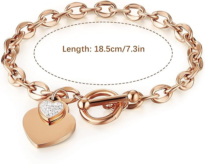 Heart Toggle Bracelet, Personalized Double Heart Charm Bracelet Rose Gold IP Plated Stainless Steel Bracelet with Toggle Clasp Closure 7.3 Inches