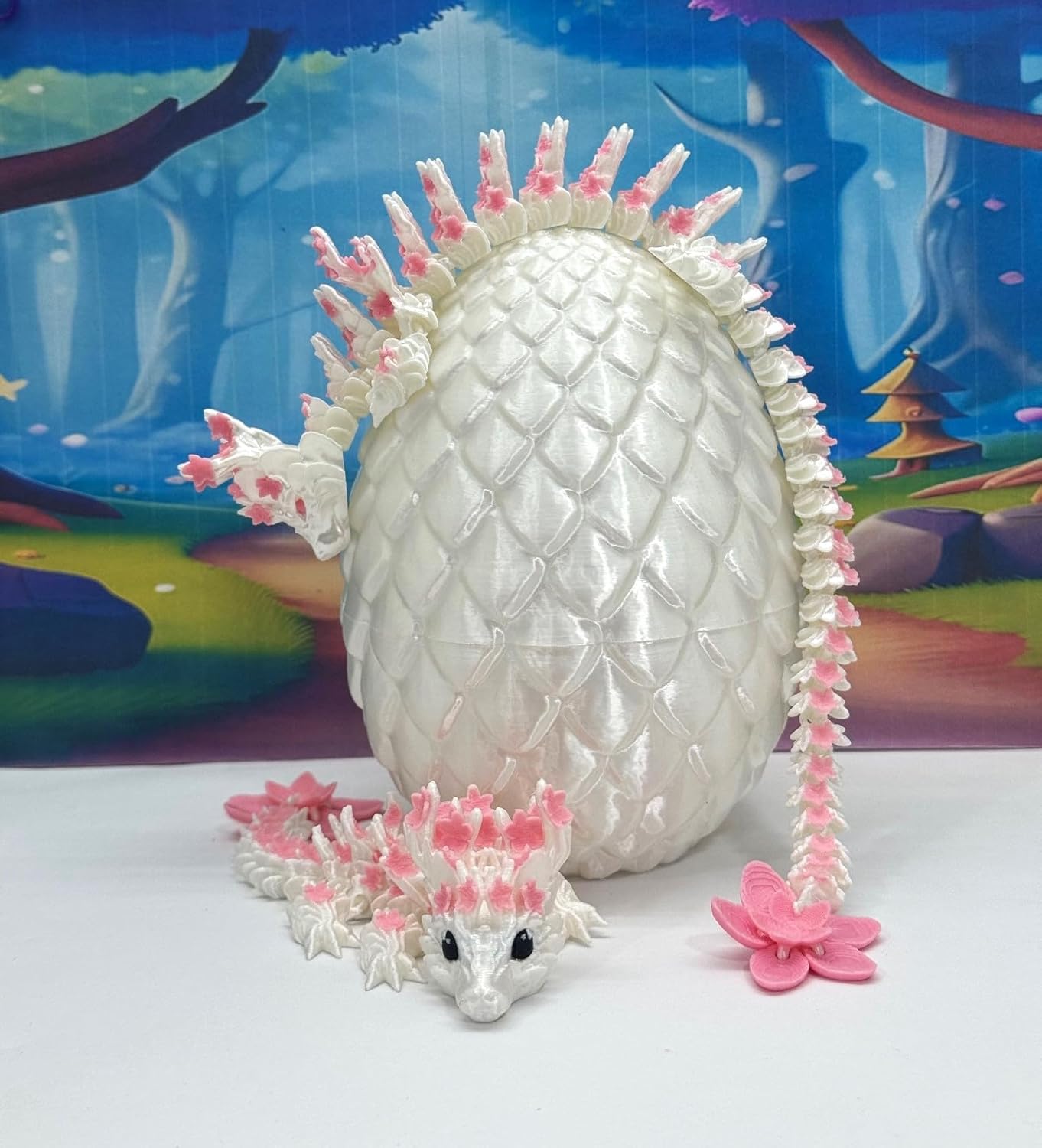3D Printed Dragons with Egg, Articulated Mother and Child Dragons, White and Pink Cherry Blossom Baby Dragon, Fidget ADHD Autism Toy MCD-016-004-PNK-WE