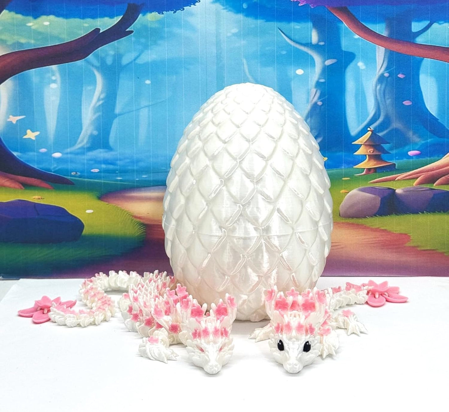 3D Printed Dragons with Egg, Articulated Mother and Child Dragons, White and Pink Cherry Blossom Baby Dragon, Fidget ADHD Autism Toy MCD-016-004-PNK-WE