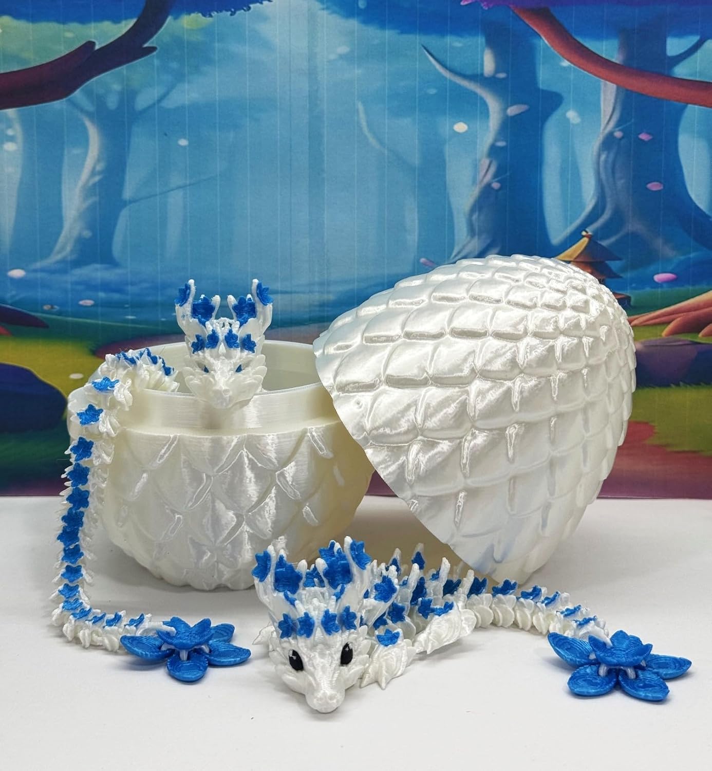2pcs 3D Printed Dragons with Egg, Articulated Mother and Child Cherry Blossom Dragons, Fidget ADHD Toy, White and Blue Dragons - MCD17WB-04WB