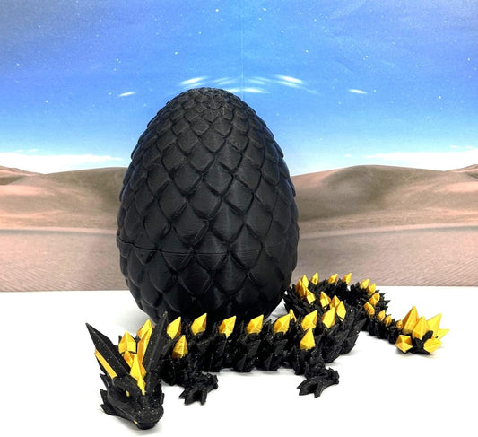 3D Printed Dragon with Egg, Articulated Black and Gold Crystal Dragon, Fidget ADHD Dragon Toy - D06565