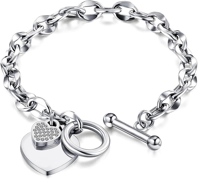 Heart Toggle Bracelet , Personalized Double Heart Charm Stainless Steel Trendy Cable Chain Bracelet and Toggle Clasp Closure 7.3 Inches