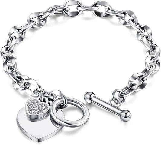 Heart Toggle Bracelet , Personalized Double Heart Charm Stainless Steel Trendy Cable Chain Bracelet and Toggle Clasp Closure 7.3 Inches