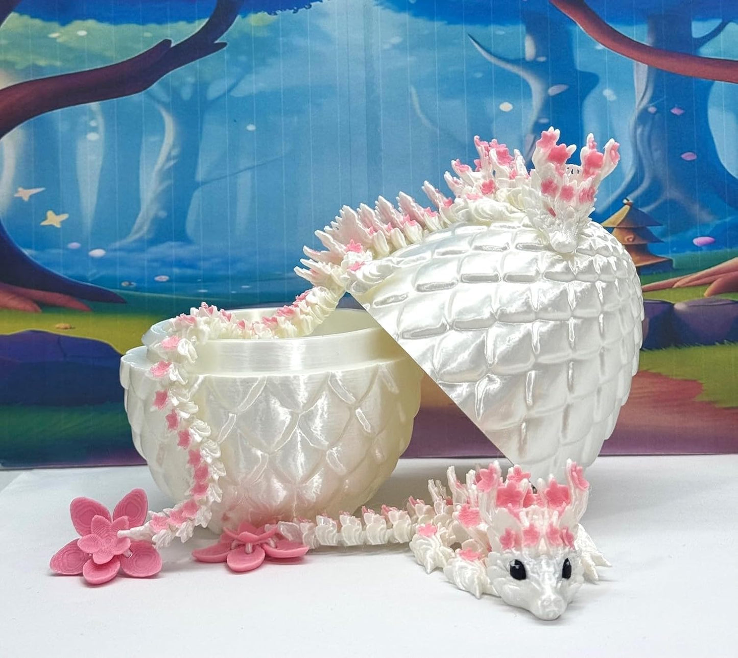 3D Printed Dragons with Egg, Articulated Mother and Child Dragons, White and Pink Cherry Blossom Baby Dragon, Fidget ADHD Autism Toy MCD-016-004-PNK-WE