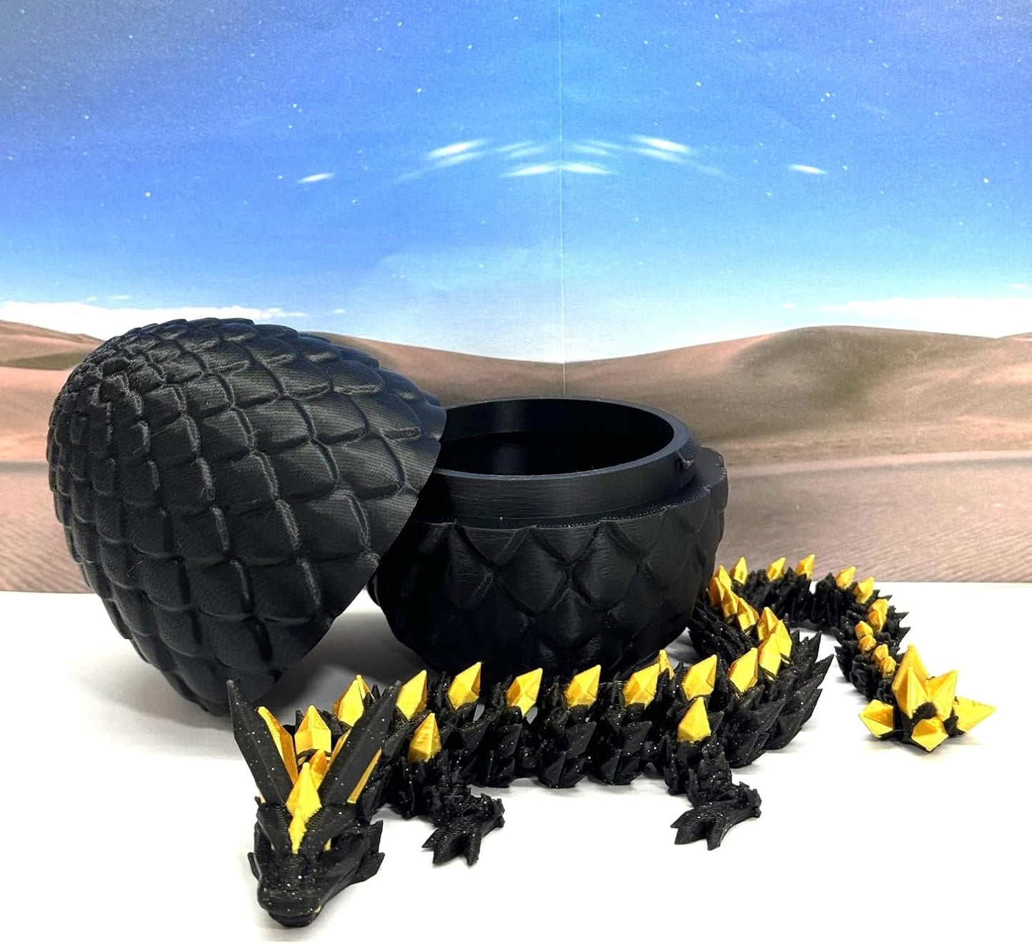 3D Printed Dragon with Egg, Articulated Black and Gold Crystal Dragon, Fidget ADHD Dragon Toy - D06565