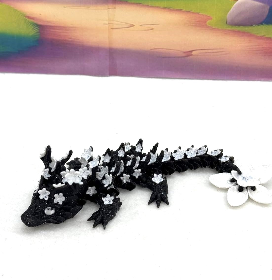 3D Printed Dragons with Dragon Egg, Articulated Mother and Child Dragons, Black and White Cherry Blossom Baby Dragon, Fidget ADHD Autism Toy MCD-019-004-BLK-WE