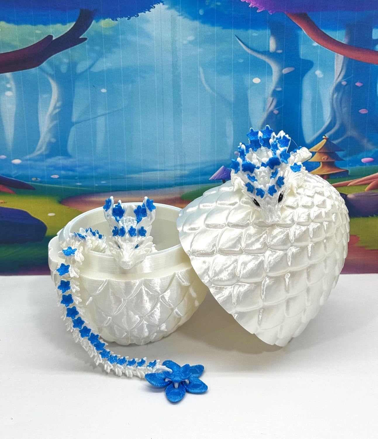 2pcs 3D Printed Dragons with Egg, Articulated Mother and Child Cherry Blossom Dragons, Fidget ADHD Toy, White and Blue Dragons - MCD17WB-04WB