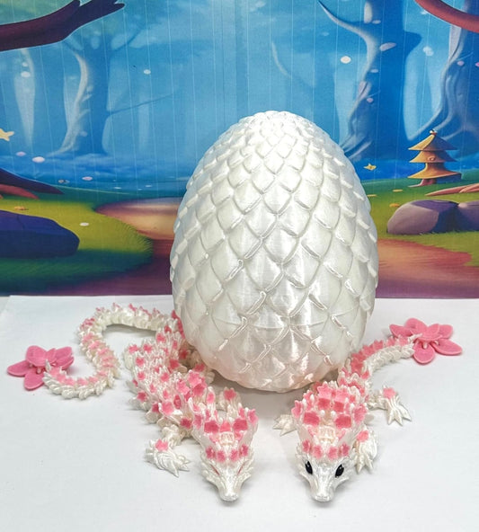 3D Printed Dragons with Egg, Articulated Mother and Child Dragons, White and Pink Cherry Blossom Baby Dragon, Fidget ADHD Autism Toy MCD-016-004-PNK-WE