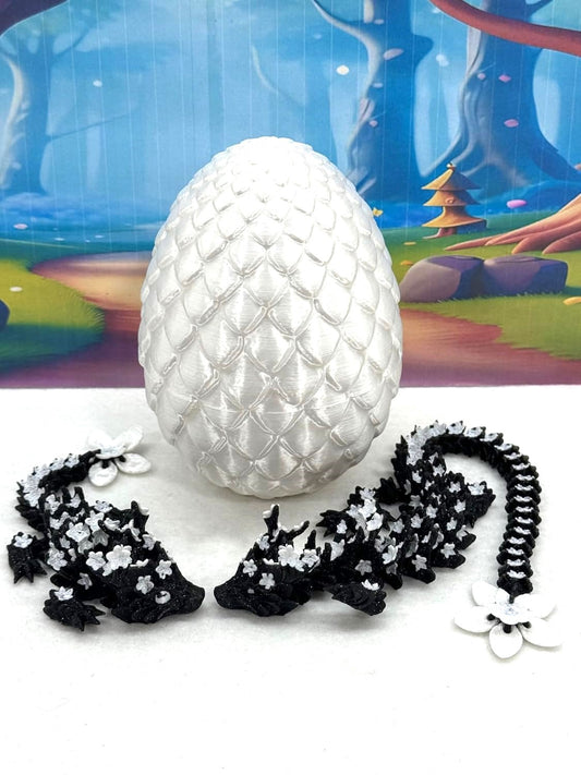 3D Printed Dragons with Dragon Egg, Articulated Mother and Child Dragons, Black and White Cherry Blossom Baby Dragon, Fidget ADHD Autism Toy MCD-019-004-BLK-WE