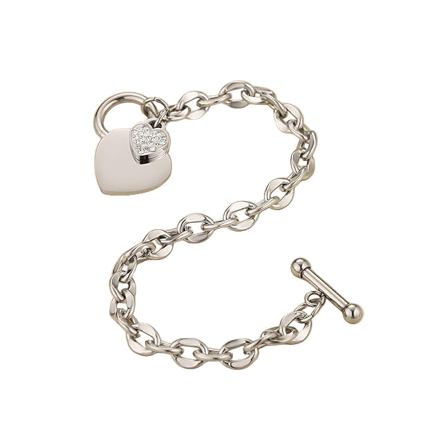 Heart Toggle Bracelet , Personalized Double Heart Charm Stainless Steel Trendy Cable Chain Bracelet and Toggle Clasp Closure 7.3 Inches