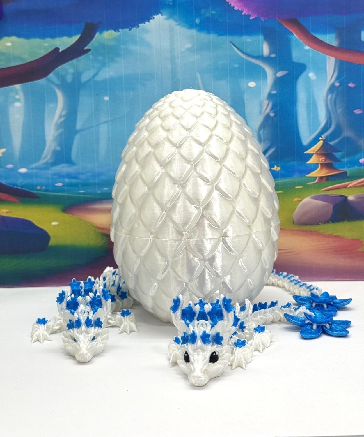 2pcs 3D Printed Dragons with Egg, Articulated Mother and Child Cherry Blossom Dragons, Fidget ADHD Toy, White and Blue Dragons - MCD17WB-04WB