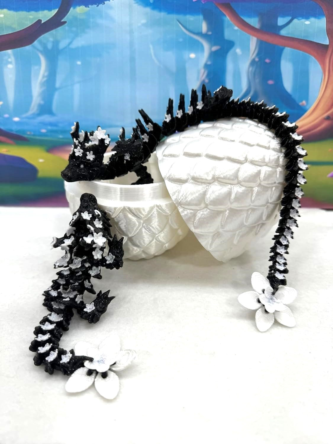 3D Printed Dragons with Dragon Egg, Articulated Mother and Child Dragons, Black and White Cherry Blossom Baby Dragon, Fidget ADHD Autism Toy MCD-019-004-BLK-WE