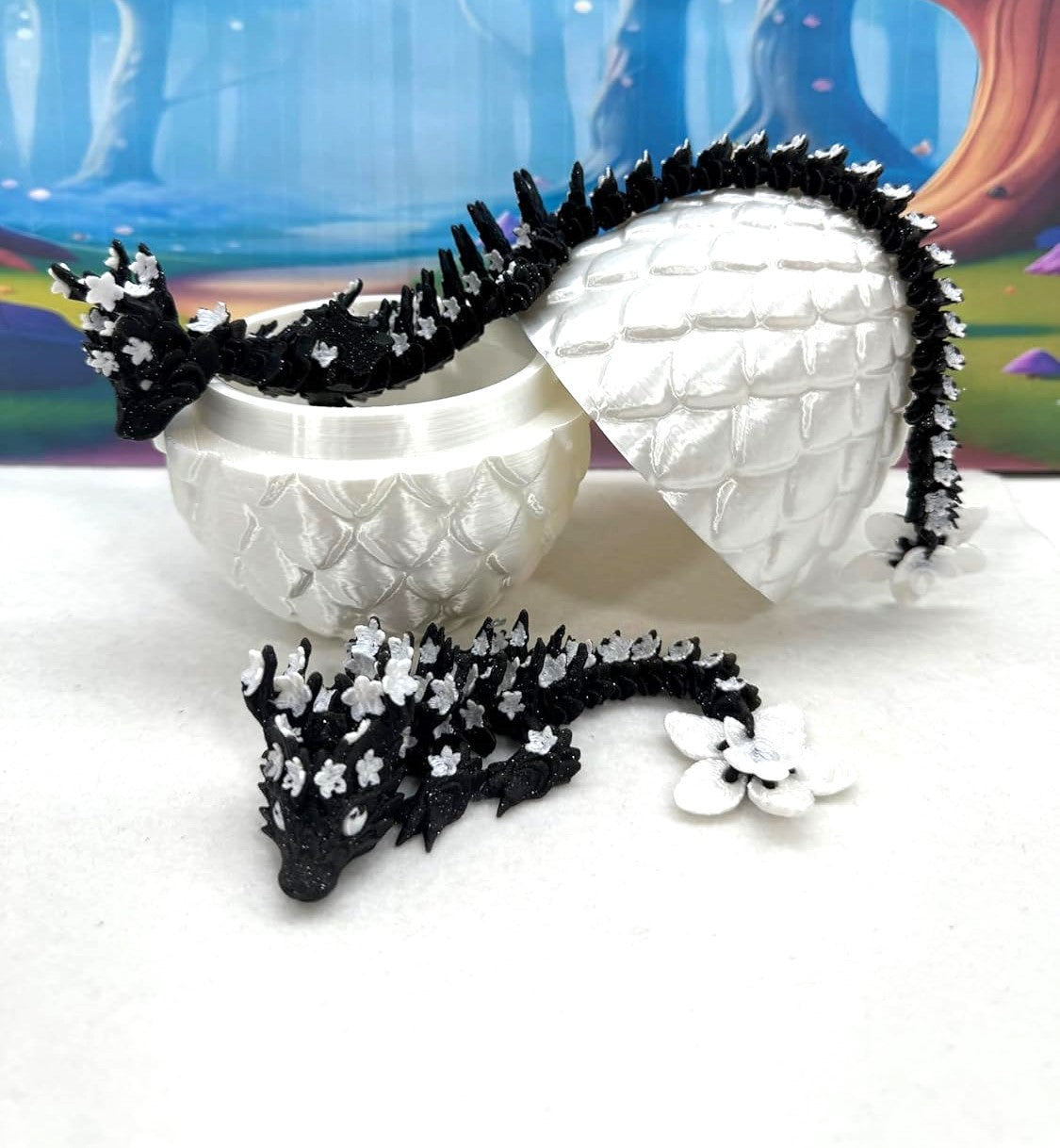3D Printed Dragons with Dragon Egg, Articulated Mother and Child Dragons, Black and White Cherry Blossom Baby Dragon, Fidget ADHD Autism Toy MCD-019-004-BLK-WE