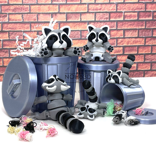 3D Printed Racoon with Trashcan, Articulated Gray and Black Trash Panda racoons, Tiny Animal Figures, Birthday Party Decorations AR001