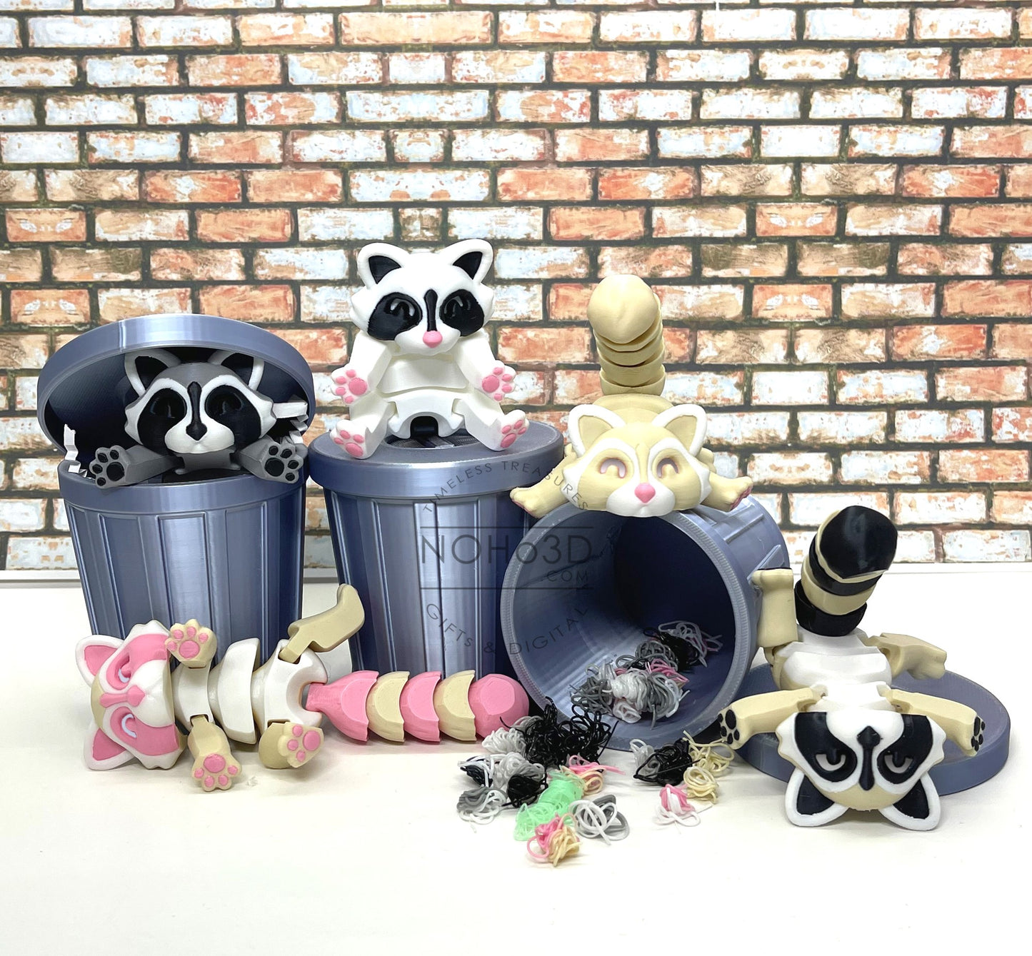 3D Printed Racoon with Trashcan, Articulated Multi Color Trash Panda Racoons, Tiny Fidget Animal Figures, Fidget ADHD Autism Toy AR002