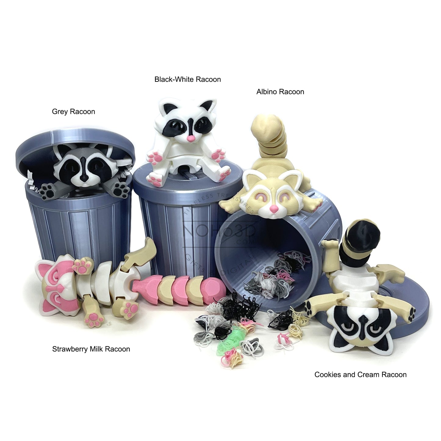 3D Printed Racoon with Trashcan, Articulated Multi Color Trash Panda Racoons, Tiny Fidget Animal Figures, Fidget ADHD Autism Toy AR002