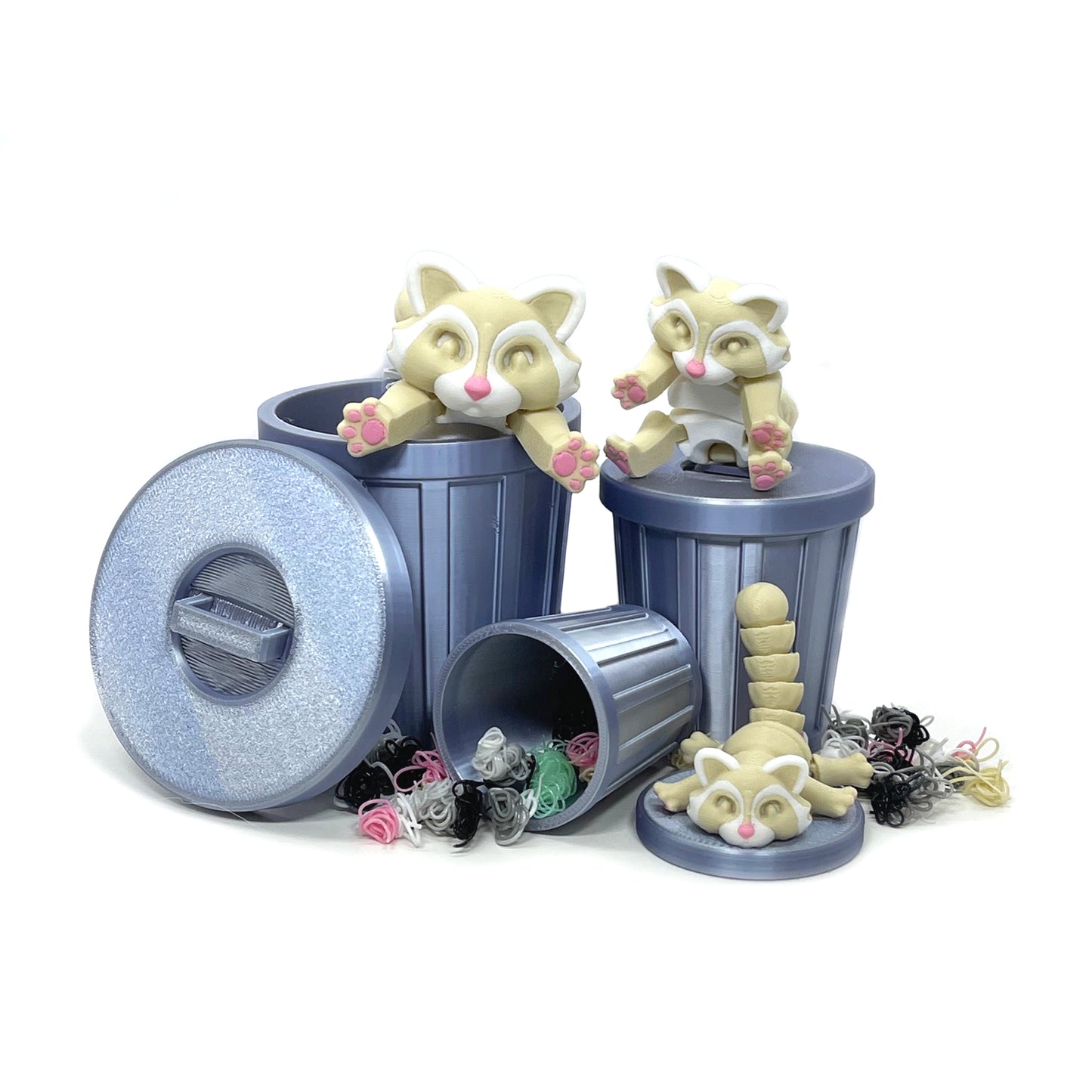 3D Printed Racoon with Trashcan, Articulated Albino Trash Panda Racoons, Tiny Fidget Animal Figures, Fidget ADHD Autism Toy AR003-SET