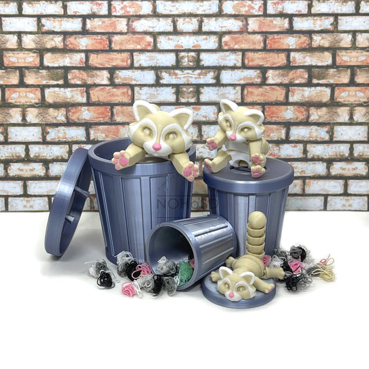 3D Printed Racoon with Trashcan, Articulated Albino Trash Panda Racoons, Tiny Fidget Animal Figures, Fidget ADHD Autism Toy AR003-SET