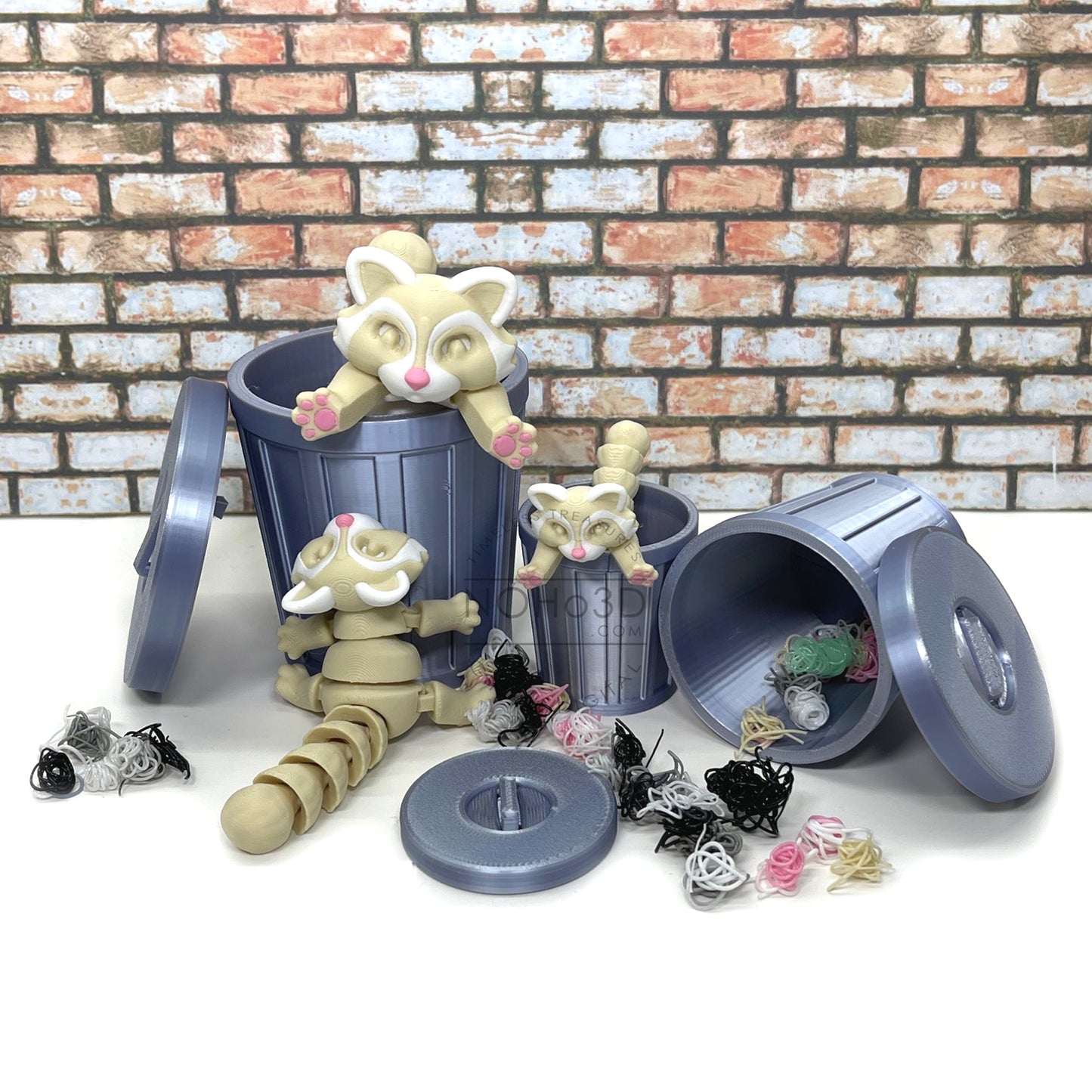 3D Printed Racoon with Trashcan, Articulated Albino Trash Panda Racoons, Tiny Fidget Animal Figures, Fidget ADHD Autism Toy AR003-SET