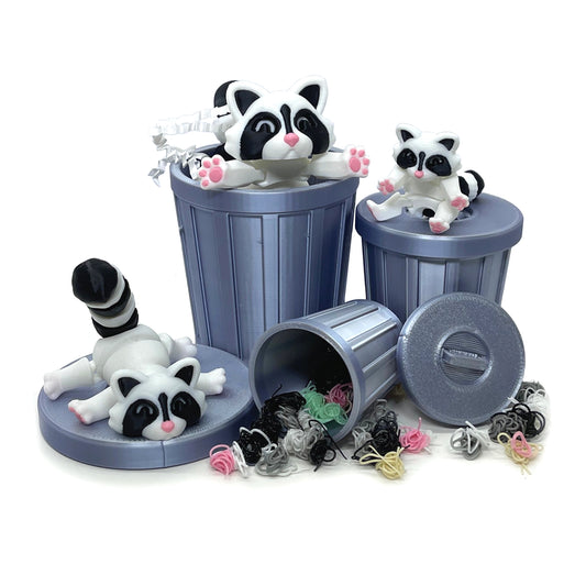 3PCS 3D Printed Racoon with Trashcan, Articulated White and Black Trash Panda racoons, Tiny Animal Figures, Birthday Party Decorations AR004-SET