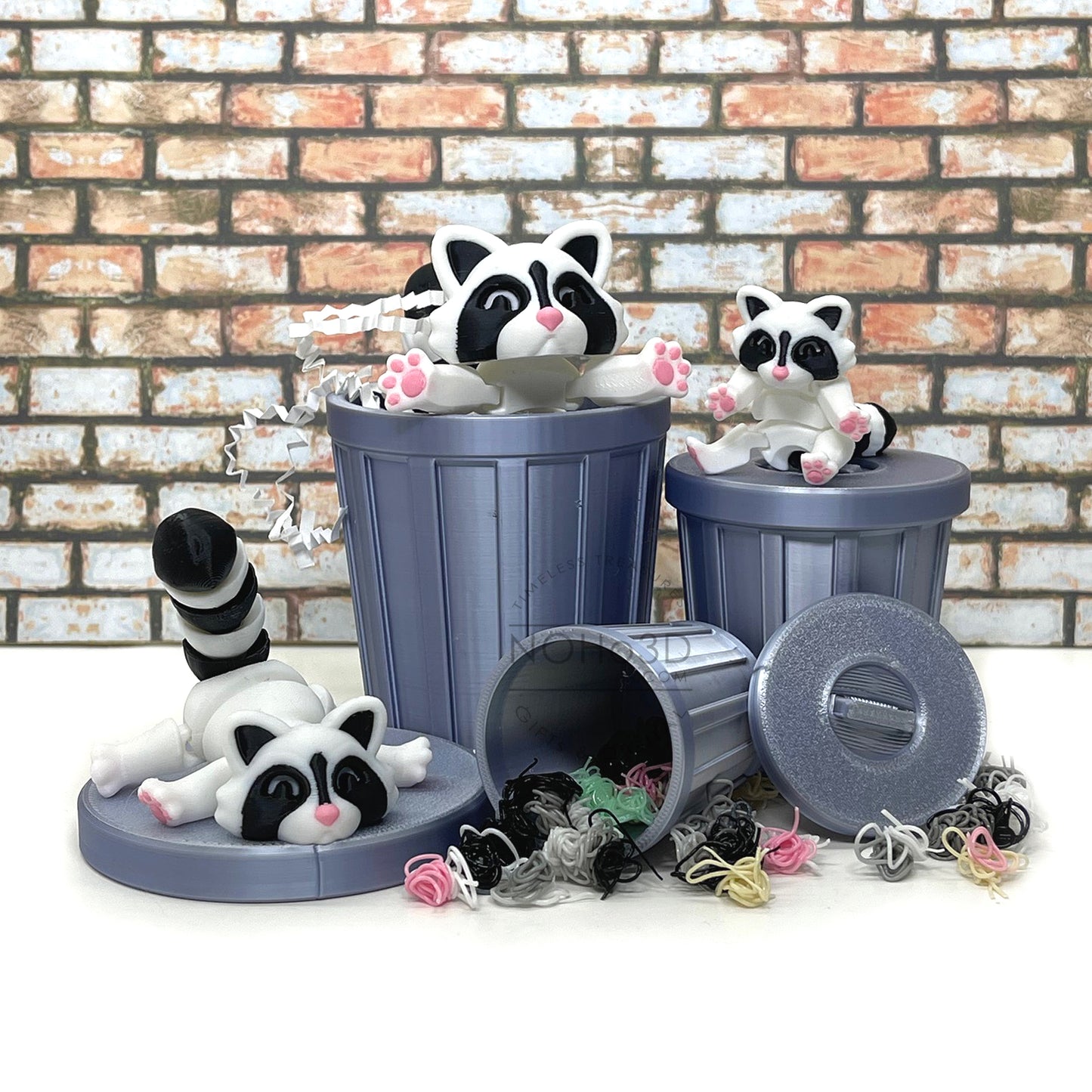 3D Printed Racoon with Trashcan, Articulated White and Black Trash Panda racoons, Tiny Animal Figures, Birthday Party Decorations AR004