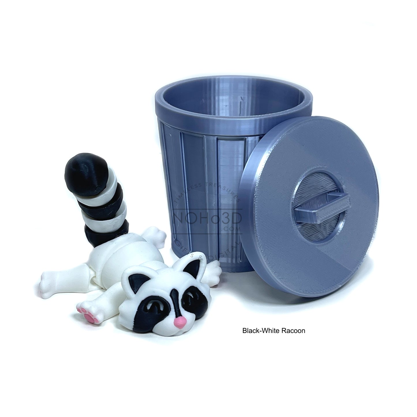 3D Printed Racoon with Trashcan, Articulated White and Black Trash Panda racoons, Tiny Animal Figures, Birthday Party Decorations AR004