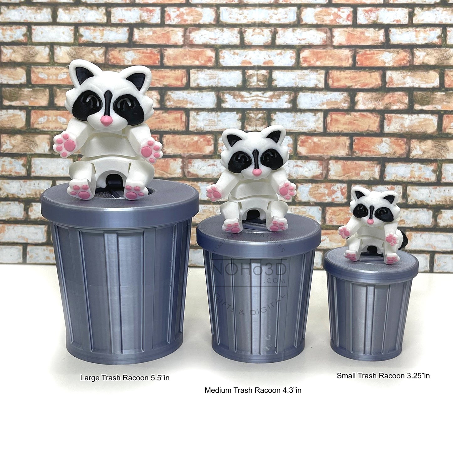 3D Printed Racoon with Trashcan, Articulated White and Black Trash Panda racoons, Tiny Animal Figures, Birthday Party Decorations AR004