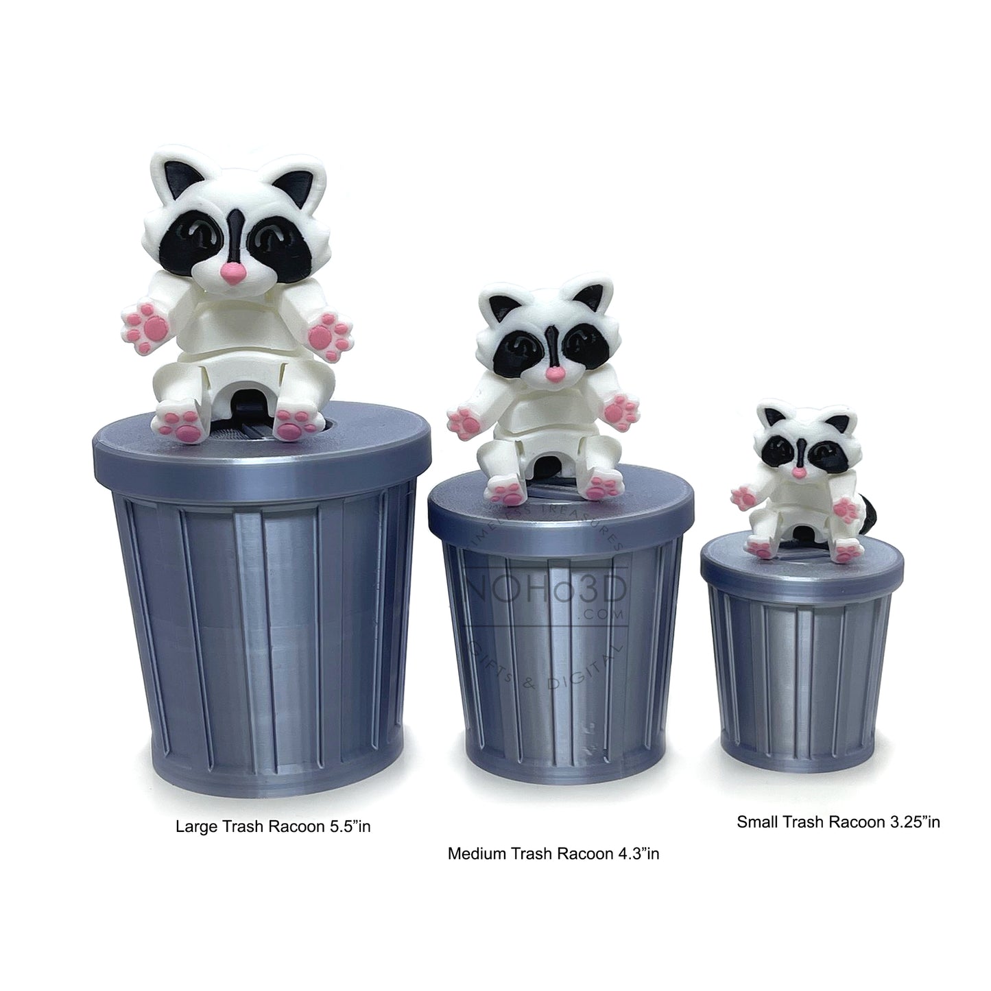 3D Printed Racoon with Trashcan, Articulated White and Black Trash Panda racoons, Tiny Animal Figures, Birthday Party Decorations AR004