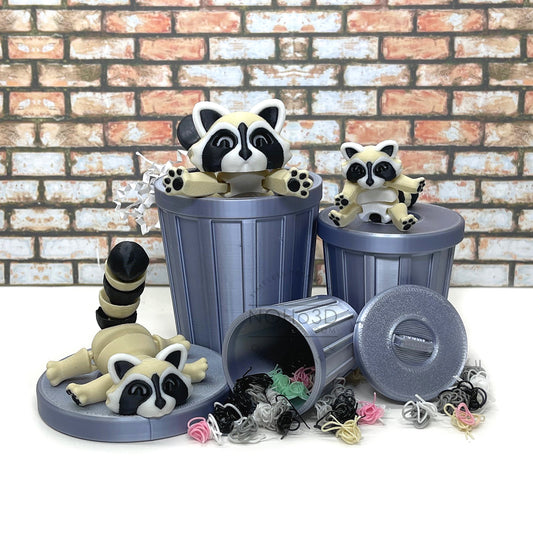 3D Printed Racoon with Trashcan, Articulated Cookies and Cream Trash Panda racoons, Tiny Animal Figures, Fidget ADHD Autism Toy AR005